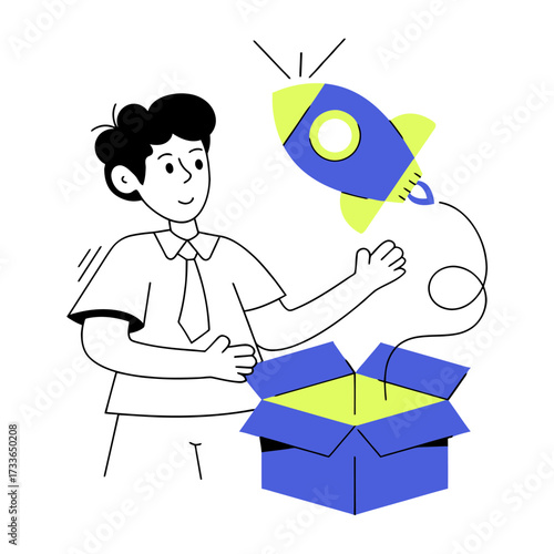 Bold rocket launching from an open box symbolizing innovation, ideas taking flight, and business growth into new possibilities with vibrant colors
