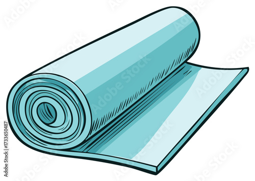 Illustration of Rolled Up Blue Exercise Mat for Fitness or Yoga in Cartoon Style