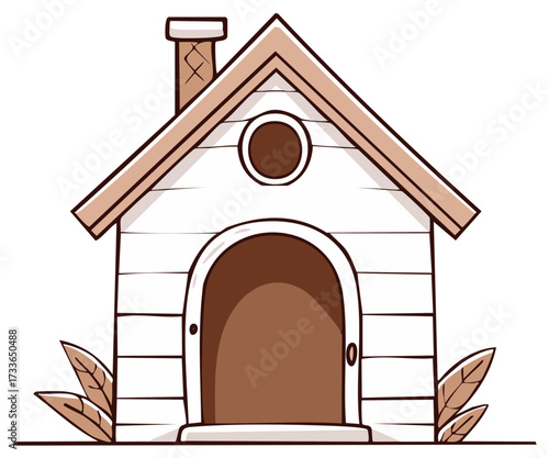 Adorable cartoon wooden doghouse illustration with chimney and plants