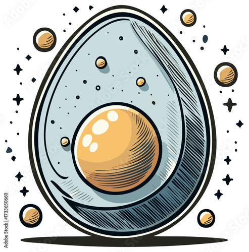 Stylized comic art illustration of a cosmic egg with a yolk planet and stars