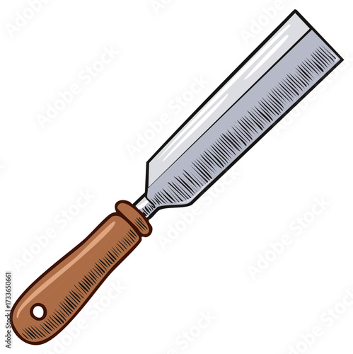Vector illustration of a wood chisel tool for carpentry with a wooden handle and sharp metal blade