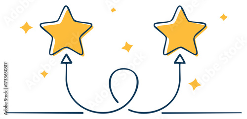 Two golden stars with ascending arrows intertwined symbolizing success achievement improvement and positive rating excellence goals