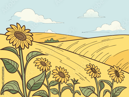 Vibrant sunflower field swaying in the summer breeze under a clear blue sky. Ideal for nature, travel, and seasonal projects