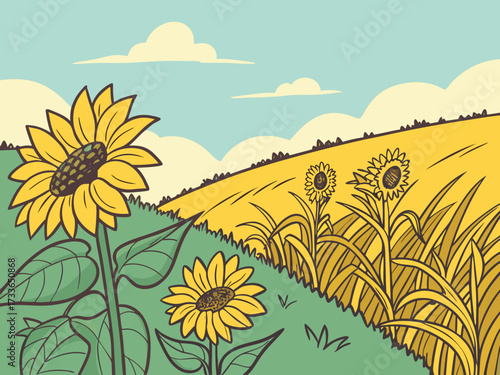 Vibrant sunflower field swaying in the summer breeze under a clear blue sky. Ideal for nature, travel, and seasonal projects