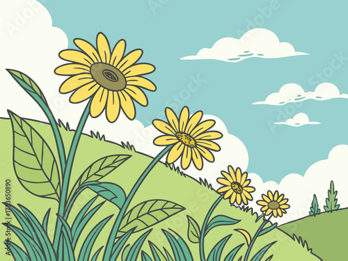 Vibrant sunflower field swaying in the summer breeze under a clear blue sky. Ideal for nature, travel, and seasonal projects