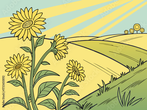 Vibrant sunflower field swaying in the summer breeze under a clear blue sky. Ideal for nature, travel, and seasonal projects