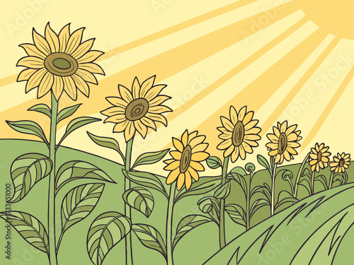 Vibrant sunflower field swaying in the summer breeze under a clear blue sky. Ideal for nature, travel, and seasonal projects