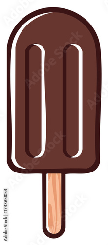 Delicious chocolate ice cream bar on a wooden stick cartoon style isolated treat