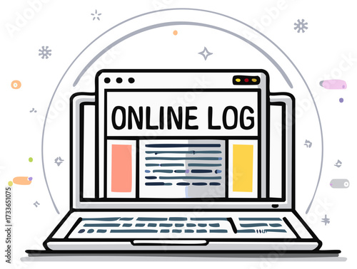 Laptop computer displaying an online log in a quirky doodle style illustration