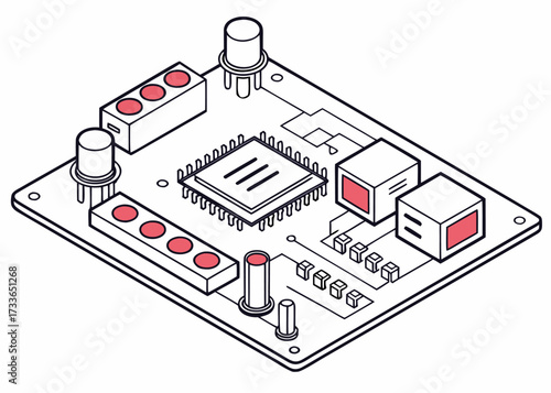 Semiconductor learning illustration with electronic circuit components and engineering design symbols, isometric isolated vector concept.