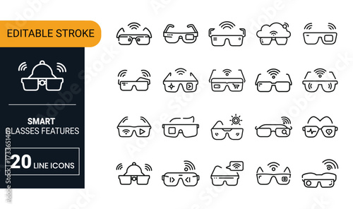 Collection of 20 line icons representing smart glasses features and technology line art augmented reality
