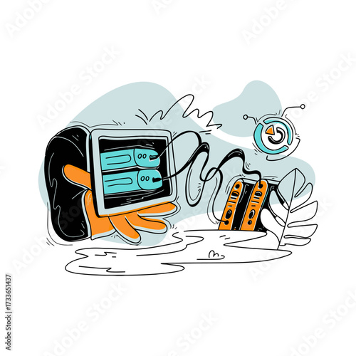 Futuristic abstract robot character with glowing data ports and control panels, showcasing innovation and advanced technology in a modern, conceptual design
