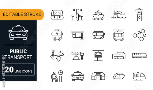 Collection of 20 public transport and travel line icons with editable stroke transportation