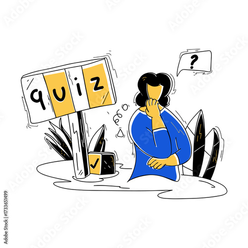 Business professional contemplating strategic decisions with task cards and thought bubbles, symbolizing problem solving and planning for success
