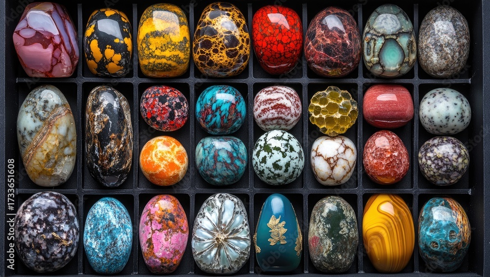 Fototapeta premium Box of polished, diverse stones, each uniquely patterned
