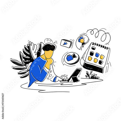 Thoughtful entrepreneur contemplating new ideas amidst scattered project elements and abstract shapes, symbolizing innovation and creative process