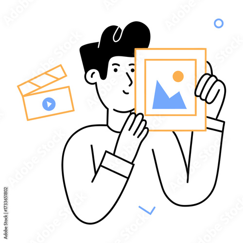 Dynamic duo of visual storytelling featuring a clapperboard for film production and a framed landscape artwork symbolizing creativity and media creation