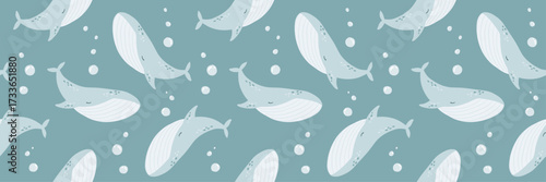 Seamless Pattern of Cute Blue Whales with Bubbles in Ocean Background