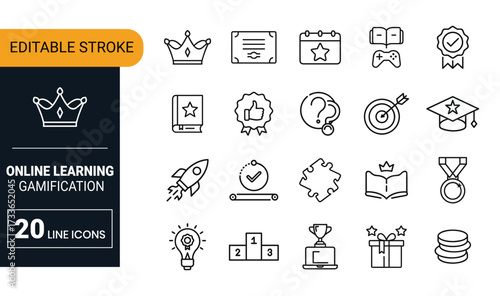 Collection of line icons for online learning gamification including crowns trophies and awards certificate
