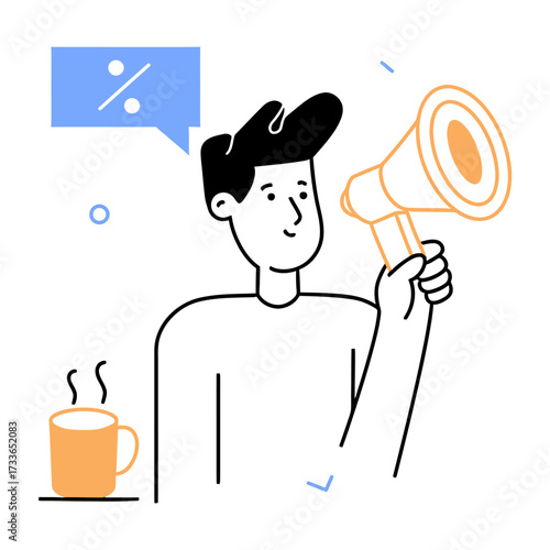 Dynamic business icons communicate sales promotions and successful project completion with a coffee break for a fresh perspective