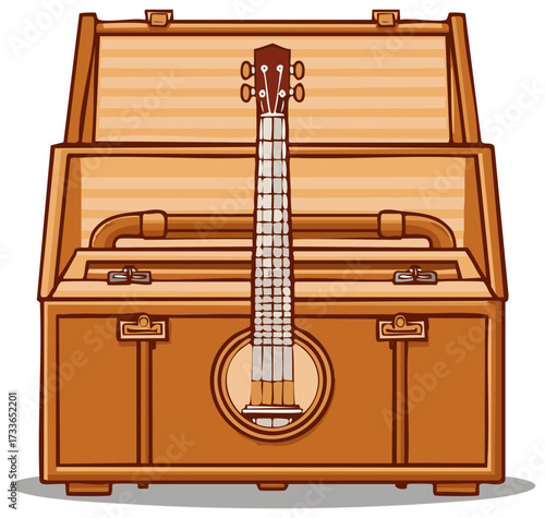Open Wooden Trunk with an Acoustic Instrument Awaiting Travel and Adventure