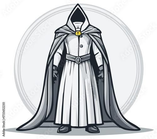 Hooded figure wearing cloak and tunic, mysterious character in white, vector illustration