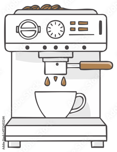 Cartoon illustration of a coffee machine brewing fresh espresso into a cup