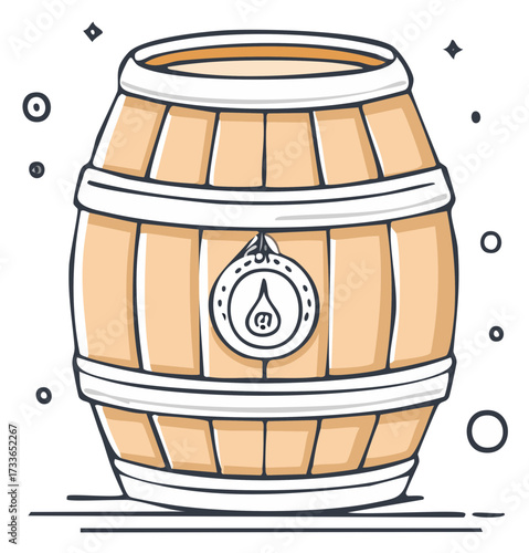 Cartoon illustration of a vintage wooden barrel with a liquid drop symbol for alcohol or beverage storage