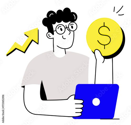 Dynamic entrepreneur leverages digital tools for rapid financial growth and business success, visualizing profit potential and upward trends with modern technology.