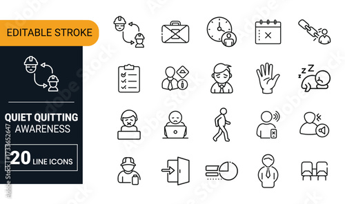 Set of 20 line icons illustrating quiet quitting concepts with editable stroke awareness line art