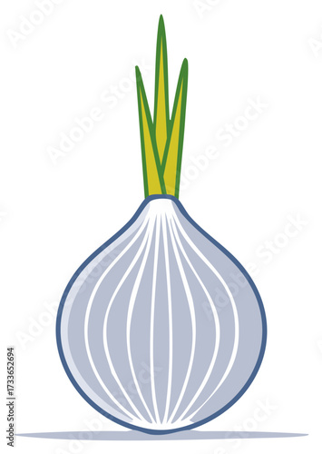 Stylized flat vector illustration of a whole raw onion with green stems and a light blue bulb, healthy food ingredients