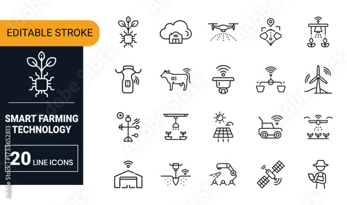 Smart Farming Technology Line Icons Set Agriculture Automation Innovation vector