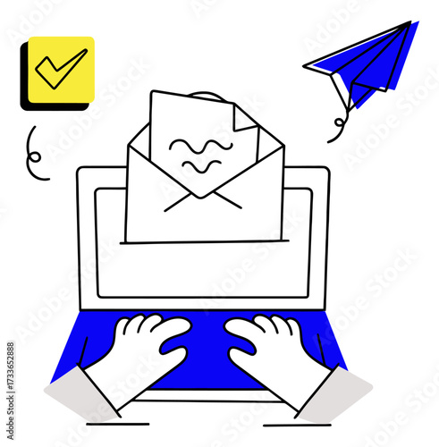Hands operating a blue digital interface with a paper airplane and a checkmark, perfect for tech startups and innovative concepts
