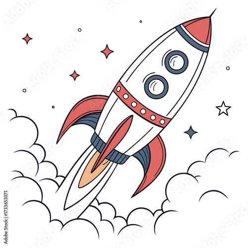 Colorful cartoon rocket ship launching with smoke and stars