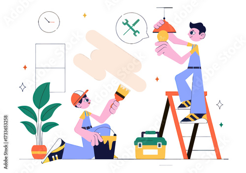 Professional handyman team painting wall and replacing lightbulb, skilled workers improving home, repair service, maintenance, renovation project, interior design update, home improvement task