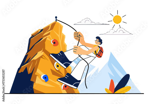Energetic climber scaling vibrant mountain under sunny skies, enjoying the thrill of adventure and conquering challenges, perfect for fitness and outdoor lifestyle promotions