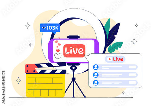Captivating content creator setup with ring light, phone, clapperboard, and live streaming interface showcasing audience engagement and popularity with impressive viewer count