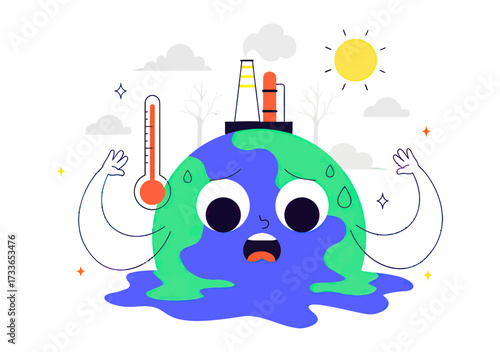 Worried Earth melts under extreme heat, thermometer shows high temperature, factory emits pollution, symbolizing climate change crisis and environmental disaster affecting our planet