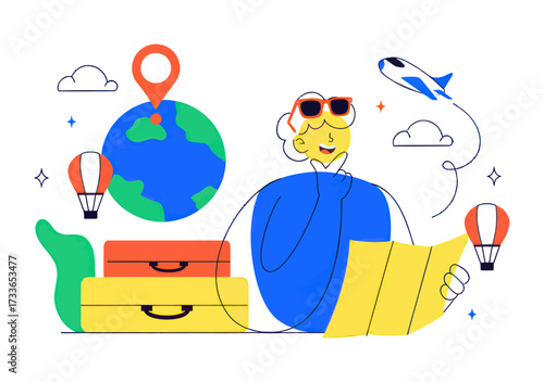 Excited traveler planning globe-trotting adventures with map and luggage, dreaming of journeys aboard hot air balloons and airplanes