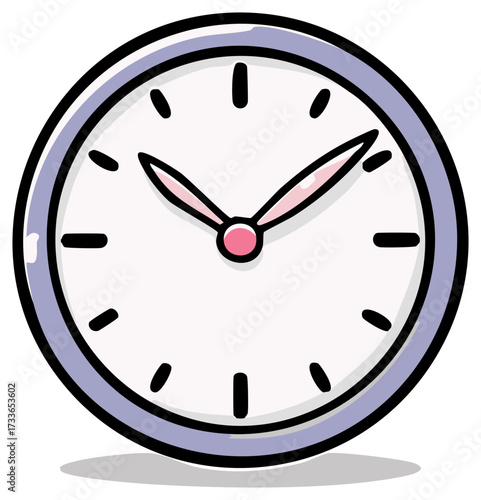Whimsical cartoon clock illustration with a light purple frame and pink hands showing time