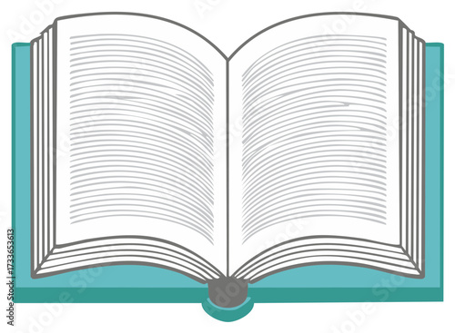 Simple vector illustration of an open hardcover book with a teal cover and stylized text