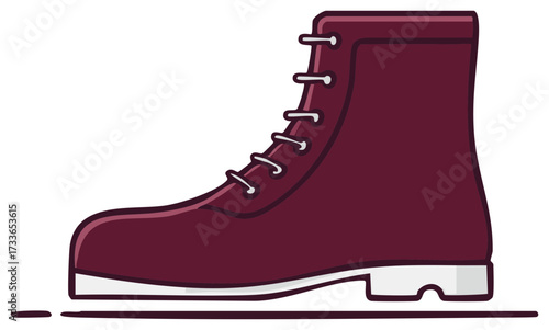 Burgundy work boot vector illustration, ankle high footwear with lace up closure and sturdy sole