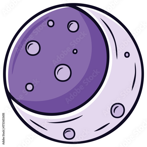 Crescent Moon Purple and Light Lavender Celestial Body with Craters Cartoon Illustration