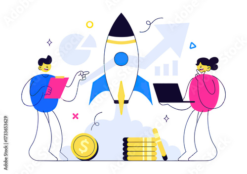 Dynamic business team launches innovative startup with rocket soaring upwards, fueled by financial growth and strategic planning, celebrating success and future potential
