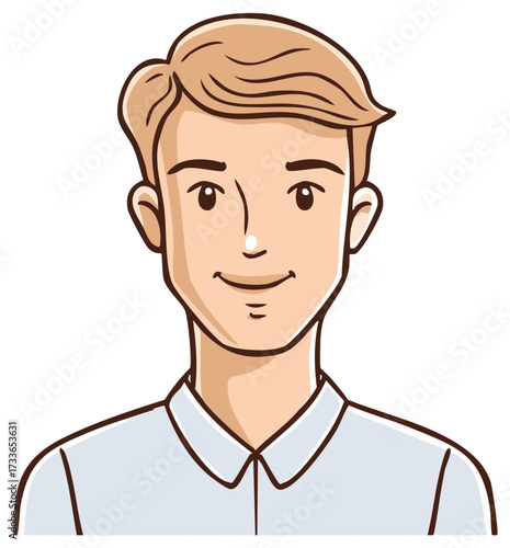 Illustration of a cheerful young man with fair hair wearing a light blue collared shirt