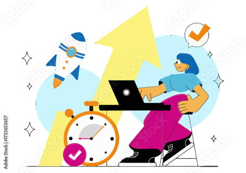 Ambitious entrepreneur launching business success with laptop and rocket, achieving goals with speed and efficiency, business growth concept