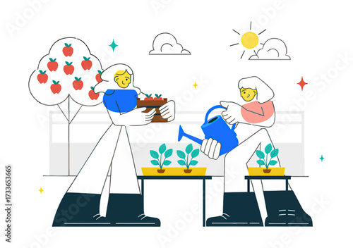 Joyful gardeners tending to lush green plants under a bright sun, cultivating growth and nature's bounty with care and vibrant energy