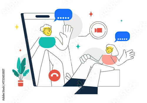 Seamless video calls connect people globally, fostering collaboration and communication across distances with vibrant, modern illustrations and chat bubbles.