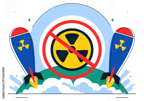 Powerful visual of rockets poised for launch halted by a universal symbol of no nuclear radiation, conveying a strong message of peace and disarmament against global threats.