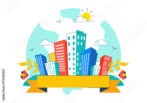 Vibrant city skyline illustration with sunny skies, fluffy clouds, and a blank banner for custom text, perfect for urban development concepts.